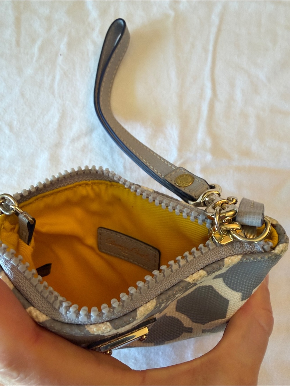 Dooney & Bourke Gray and Cream Logo Wristlet Key Pouch with Gold Hardware - Picture 11 of 12
